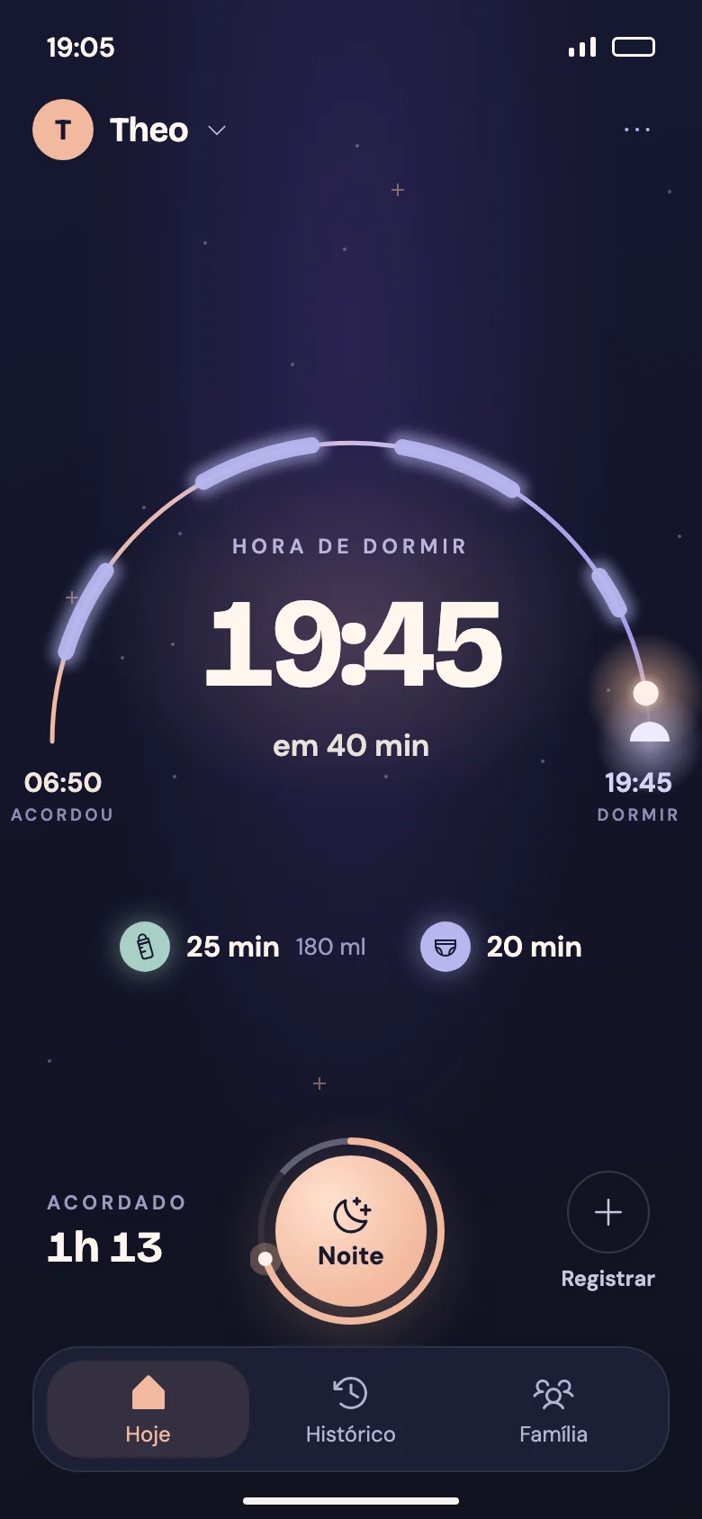 Fim da tarde: hora de dormir às 19:45, em 40 minutos.