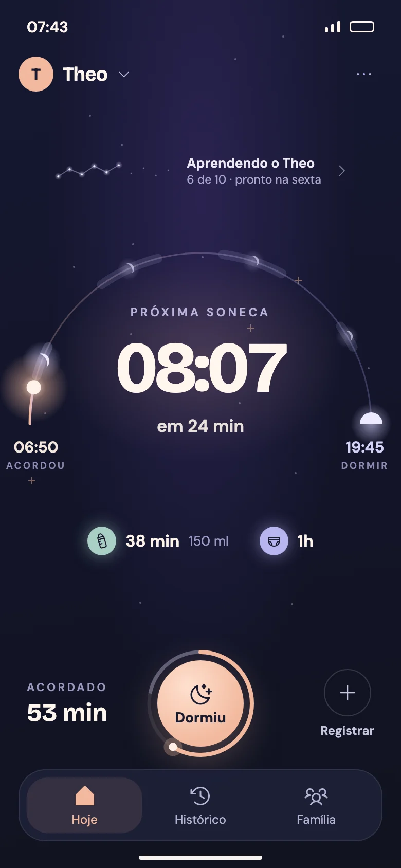Tela Hoje de manhã: próxima soneca às 08:07, em 24 minutos, num arco entre o acordar e a hora de dormir.